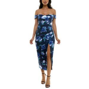 NWT City Studios Printed Off-The-Shoulder Midi Dress 5126AH9AT3 Navy Blue 5/6